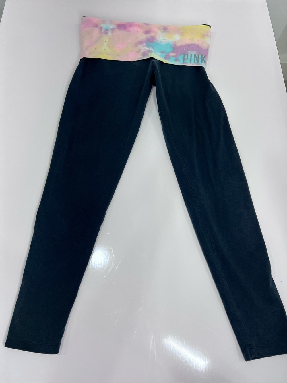 PINK Victoria's Secret Black Leggings with Rhinestone Pastel Waistband